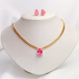 CONJUNTO CORRENTE COM ZIRCÔNIA PINK BANHO OURO 18K