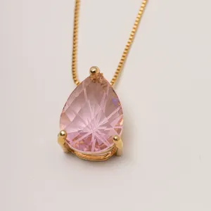 CONJUNTO GOTA CRISTAL ROSA P BANHO OURO 18K