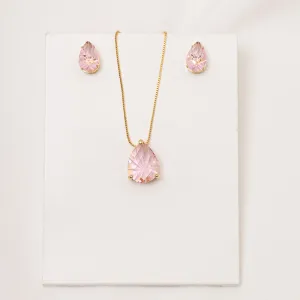 CONJUNTO GOTA CRISTAL ROSA P BANHO OURO 18K