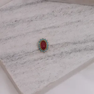 PINGENTE CRISTAL VERMELHO COM PEDRAS AZUIS BANHO OURO 18K