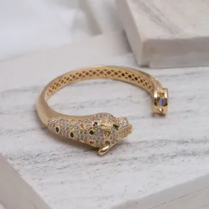 BRACELETE TIGRE COM ZIRCÔNIAS E PEDRA ROXA BANHO OURO 18K