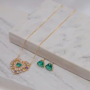 CONJUNTO CORAÇÃO CRAVEJADO COM ZIRCÔNIAS COLORIDAS BANHO OURO 18K