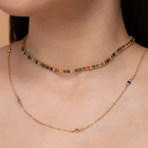 CHOKER RIVIERA COM ZIRCÔNIAS NAVETE COLORIDAS BANHO OURO 18K