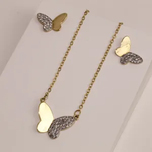 CONJUNTO BORBOLETA CRAVEJADA COM ZIRCÔNIAS CRISTAIS BANHO OURO 18K