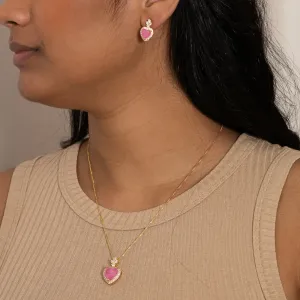 CONJUNTO CORAÇÃO COM PEDRA ZIRCÔNIA PINK BANHO OURO 18K