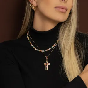 COLAR CRUZ CRAVEJADA COM ZIRCÔNIAS CRISTAIS E COLORIDAS BANHO OURO 18K