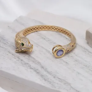 BRACELETE TIGRE COM ZIRCÔNIAS E PEDRA ROXA BANHO OURO 18K