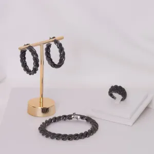 CONJUNTO BRINCO, PULSEIRA E ANEL CRAVEJADOS COM ZIRCÔNIAS NEGRAS BANHO RÓDIO NEGRO