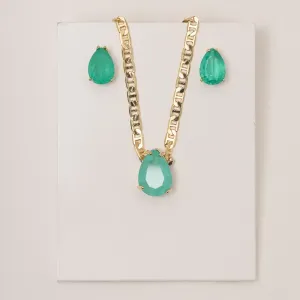 CONJUNTO GOTA PEDRA COR VERDE TIFFANY E CORRENTE PIASTRINE BANHO OURO 18K