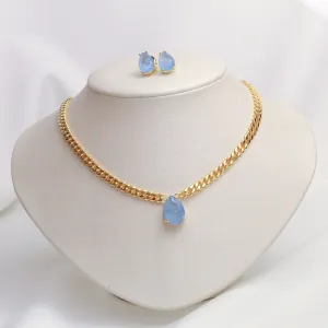 CONJUNTO CORRENTE COM ZIRCÔNIA AZUL CLARO BANHO OURO 18K