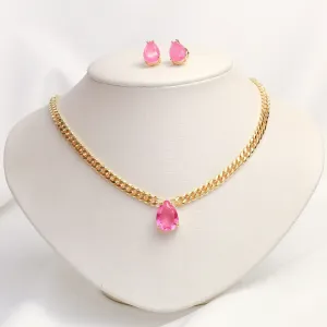 CONJUNTO CORRENTE COM ZIRCÔNIA PINK BANHO OURO 18K