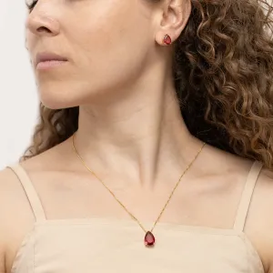 CONJUNTO GOTA COM PEDRA VERMELHO RUBI BANHO OURO 18K