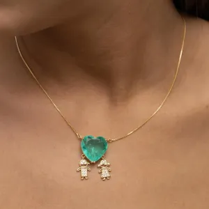 COLAR CASAL FILHOS COM CORAÇÃO PEDRA VERDE TIFFANY BANHO OURO 18K