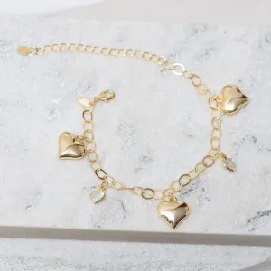 PULSEIRA ELOS COM PINGENTE CORAÇÃO CRISTAL E LISO BANHO OURO 18K