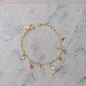 PULSEIRA INFANTIL COM CORAÇÕES E CRISTAIS BANHO OURO 18K