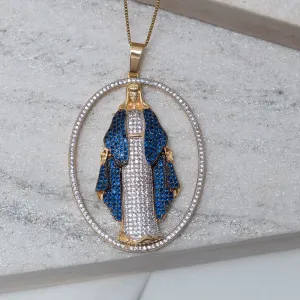 COLAR NOSSA SENHORA DAS GRAÇAS MANTO AZUL COM ZIRCÔNIA BANHO OURO 18K