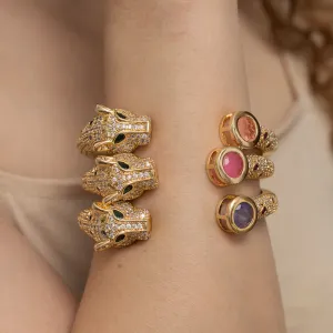 BRACELETE TIGRE COM ZIRCÔNIAS E PEDRA LILÁS BANHO OURO 18K