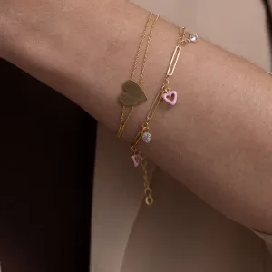 PULSEIRA CORAÇÃO ROSA COM PEDRAS CRISTAIS BANHO OURO 18K