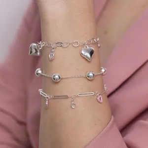 PULSEIRA ELOS COM PINGENTE CORAÇÃO CRISTAL E LISO BANHO PRATA