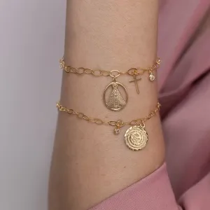 PULSEIRA NOSSA SENHORA, CRUZ E PONTO LUZ BANHO OURO 18K