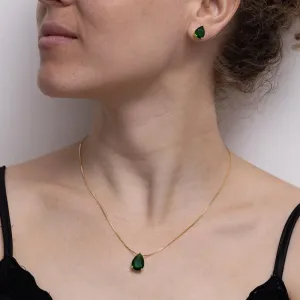 CONJUNTO GOTA COM PEDRA VERDE ESMERALDA BANHO OURO 18K