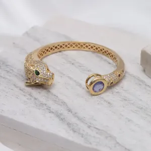 BRACELETE TIGRE COM ZIRCÔNIAS E PEDRA LILÁS BANHO OURO 18K