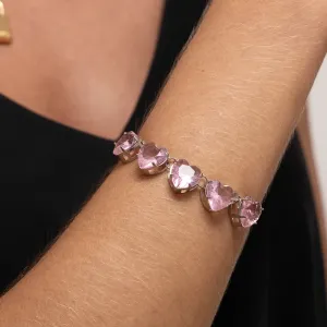 PULSEIRA GRAVATINHA CORAÇÃO COM PEDRAS ROSA CLARO BANHO RÓDIO BRANCO