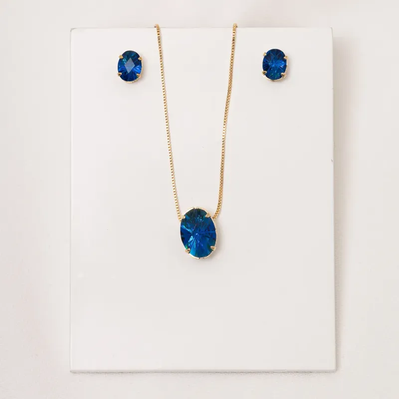 CONJUNTO CRISTAL OVAL AZUL BANHO OURO 18K