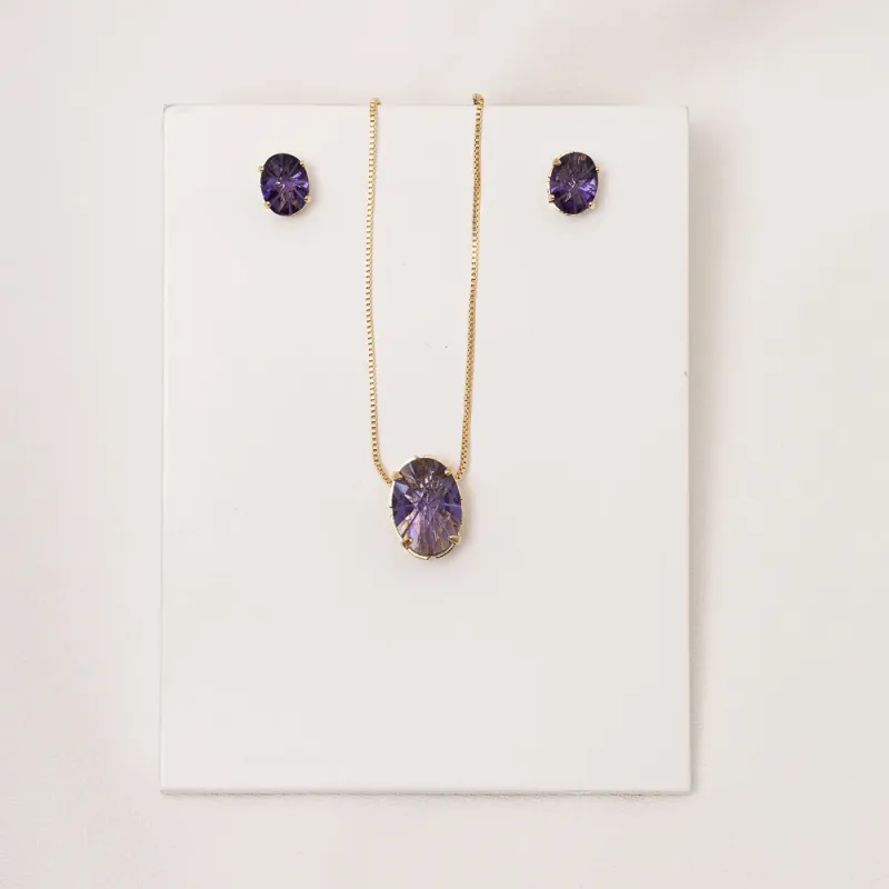 CONJUNTO CRISTAL OVAL ROXO BANHO OURO 18K