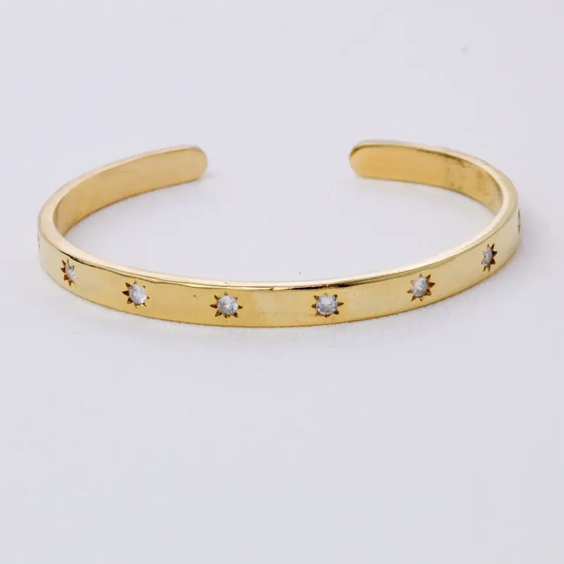 BRACELETE ABERTO ESTRELAS COM ZIRCÔNIAS CRISTAIS BANHO OURO 18K