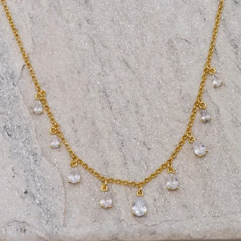 CHOKER GOTAS COM ZIRCÔNIAS CRISTAIS BANHO OURO 18K