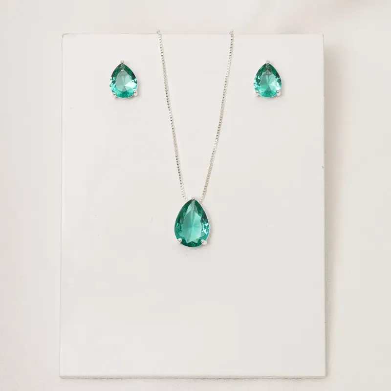 CONJUNTO GOTA PEDRA VERDE ESMERALDA BANHO PRATA