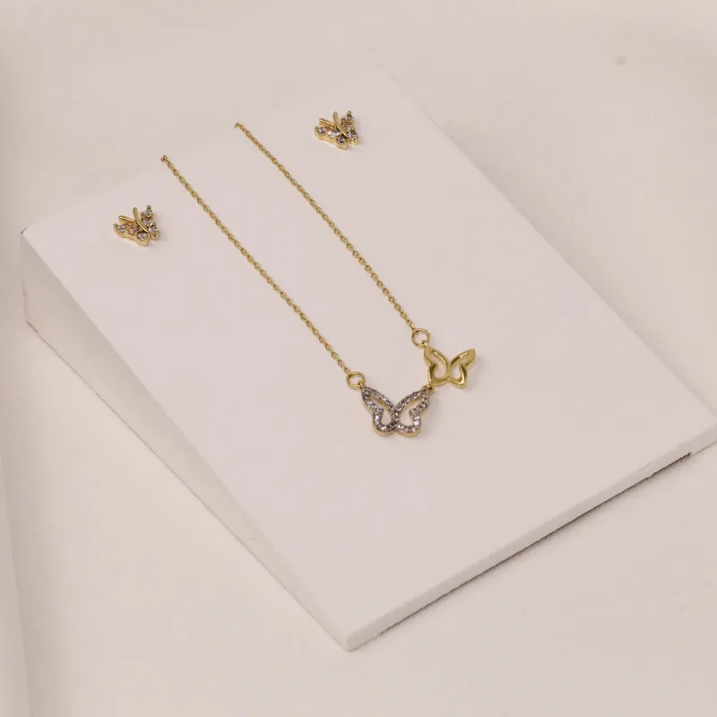 CONJUNTO BORBOLETA DUPLA CRAVEJADA COM ZIRCÔNIAS BANHO OURO 18K