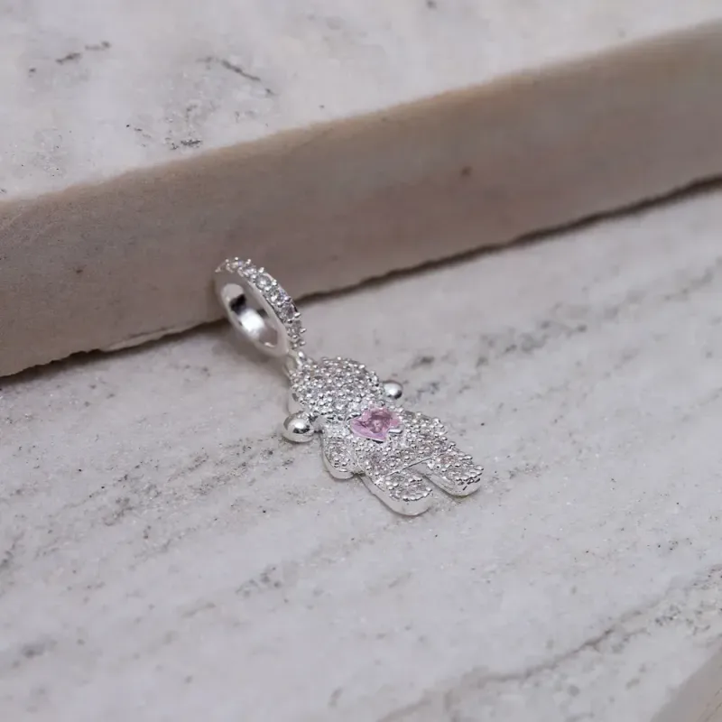 PINGENTE FILHOS MENINA COM ZIRCÔNIAS ROSA E CRISTAL BANHO PRATA