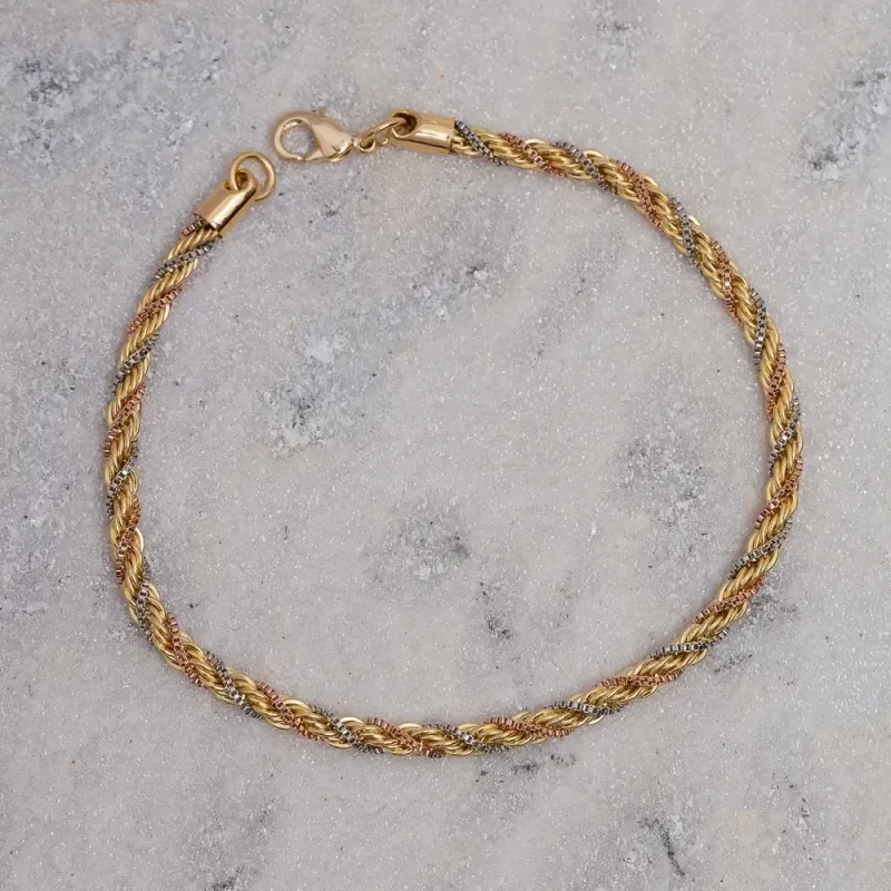 PULSEIRA CABO DE AÇO TRICOLOR 2M.M TRÊS BANHOS OURO 18K, PRATA E ROSÉ