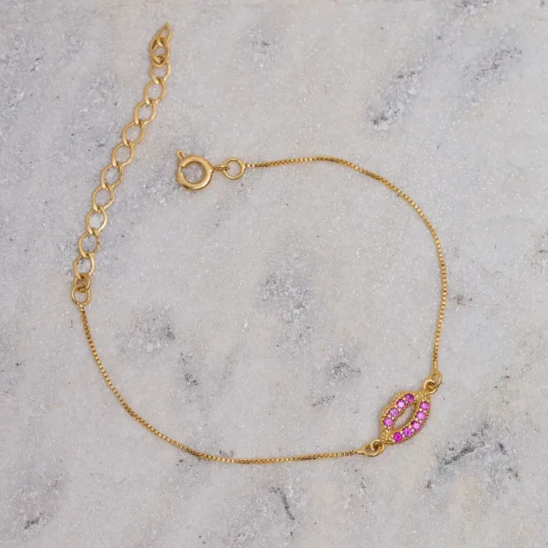 PULSEIRA BOCA CRAVEJADA COM ZIRCÔNIAS PINK BANHO OURO 18K