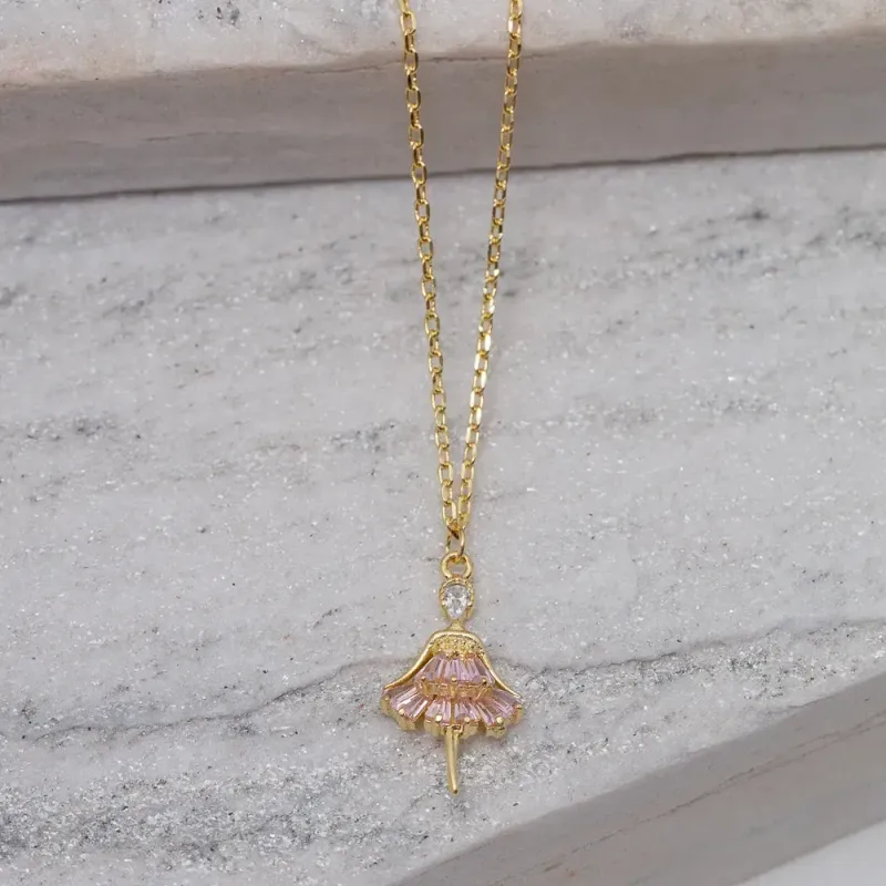 COLAR BAILARINA COM ZIRCÔNIA ROSA BANHO OURO 18K