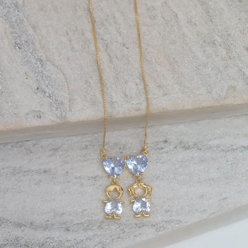 COLAR FILHOS CASAL CRISTAL BANHO OURO 18K