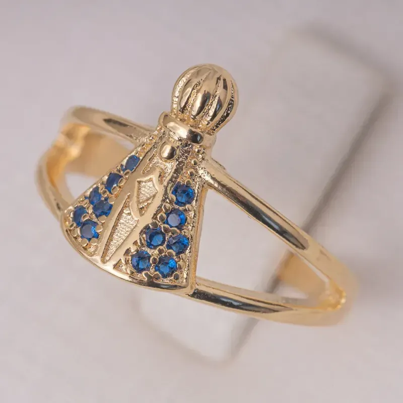 ANEL NOSSA SENHORA COM ZIRCÔNIAS AZUL ESCURAS BANHO OURO 18K