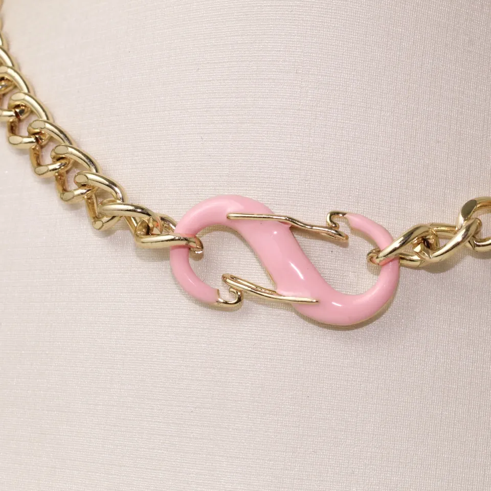 COLAR CORRENTE COM FECHO ESMALTADO ROSA BANHO OURO 18K