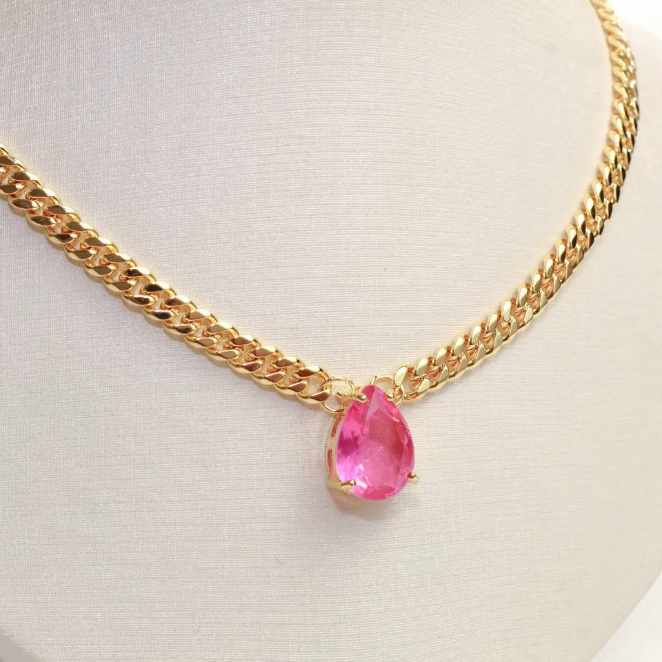 CONJUNTO CORRENTE COM ZIRCÔNIA PINK BANHO OURO 18K