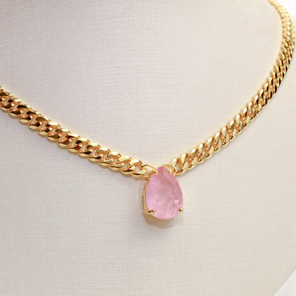 CONJUNTO CORRENTE COM ZIRCÔNIA ROSA CLARO BANHO OURO 18K