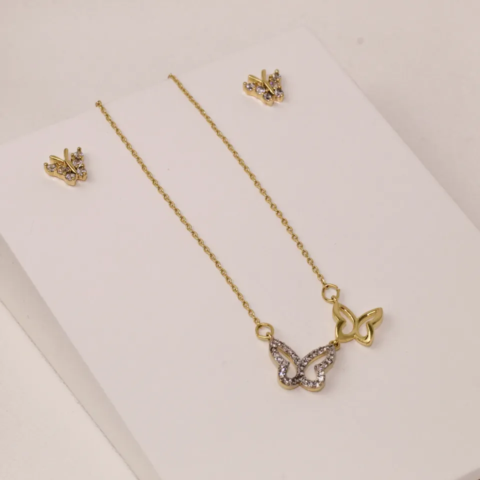 CONJUNTO BORBOLETA DUPLA CRAVEJADA COM ZIRCÔNIAS BANHO OURO 18K