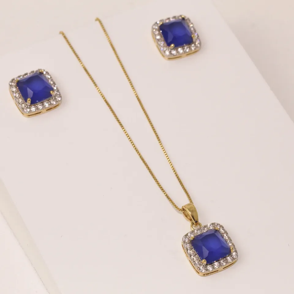 CONJUNTO ZIRCÔNIA QUADRADO PEDRA AZUL BANHO OURO 18K