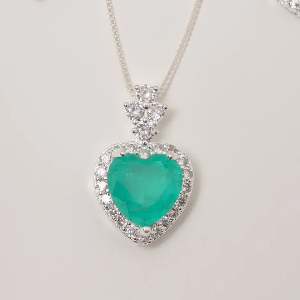 CONJUNTO CRISTAL CORAÇÃO ZIRCÔNIA VERDE BANHO PRATA