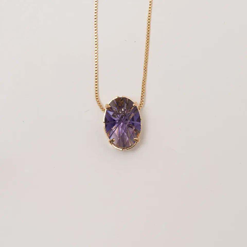 CONJUNTO CRISTAL OVAL ROXO BANHO OURO 18K