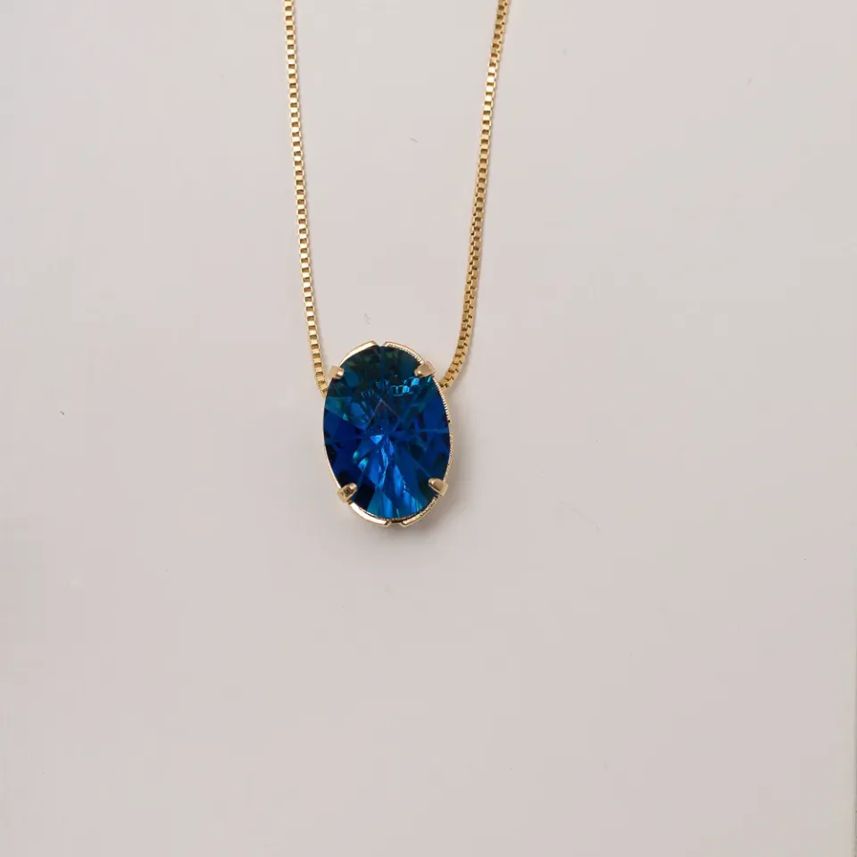 CONJUNTO CRISTAL OVAL AZUL BANHO OURO 18K