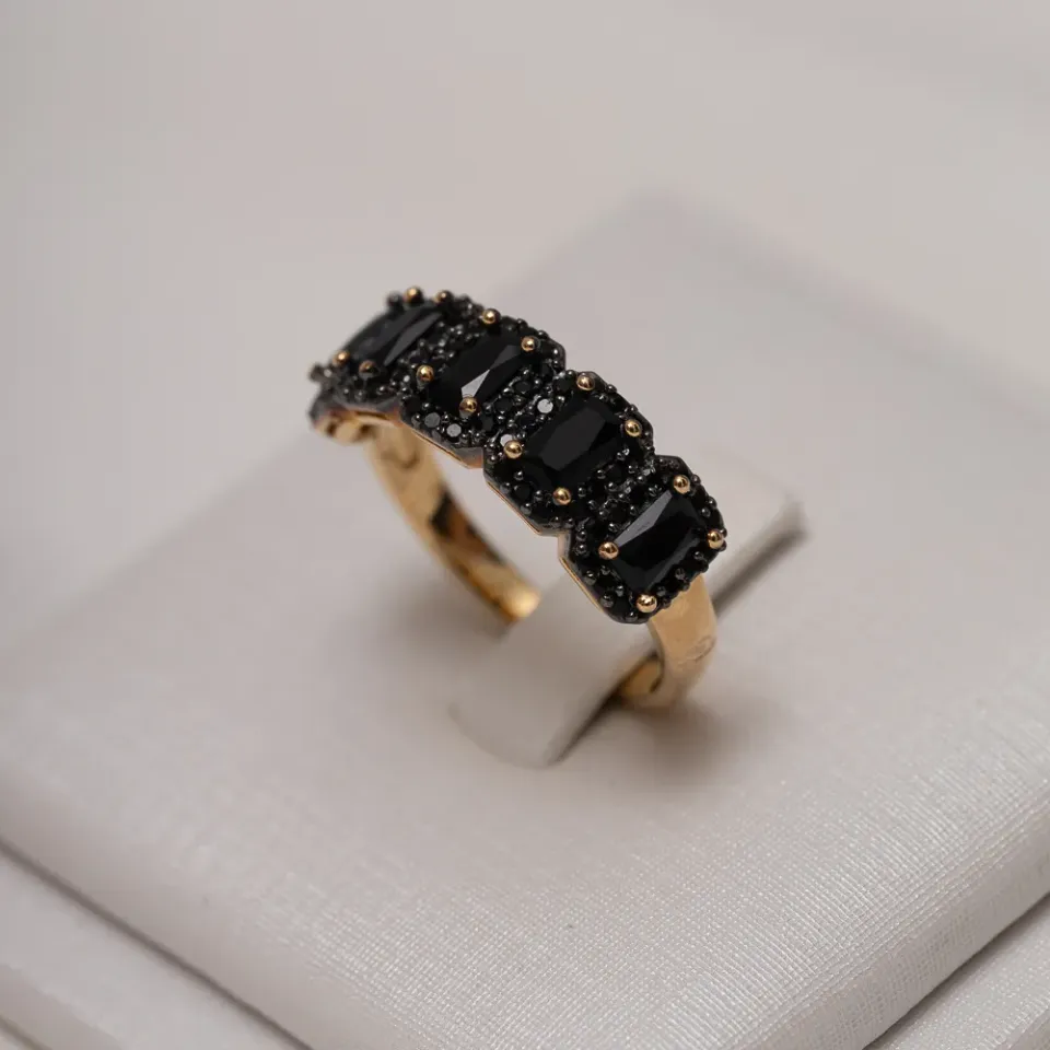 ANEL PEDRA NEGRA COM CANETA RÓDIO NEGRO BANHO OURO 18K