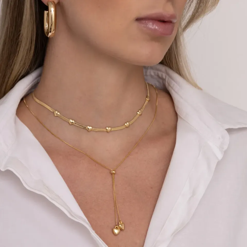 CHOKER FITA COM CORAÇÃO LISAS BANHO OURO 18K