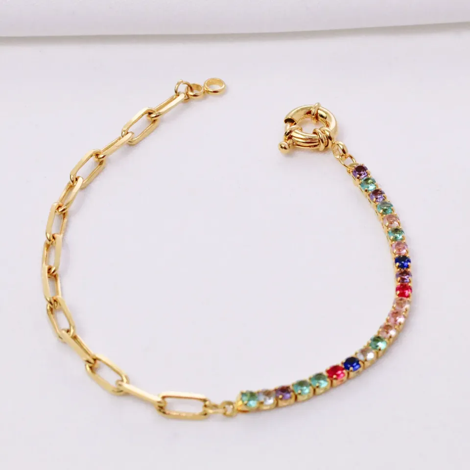 PULSEIRA ELOS COM ZIRCÔNIAS COLORIDAS BANHO 18K